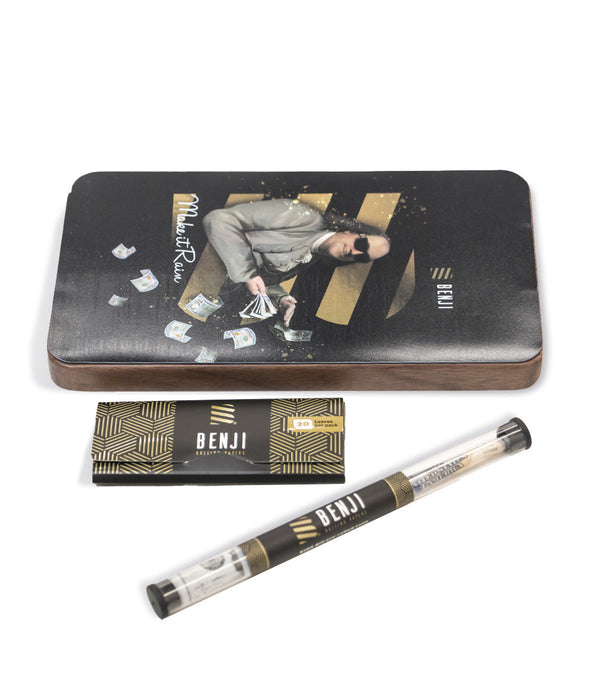 Benji OG Walnut Rolling Tray with Magnetic Lid, Papers, and Cones