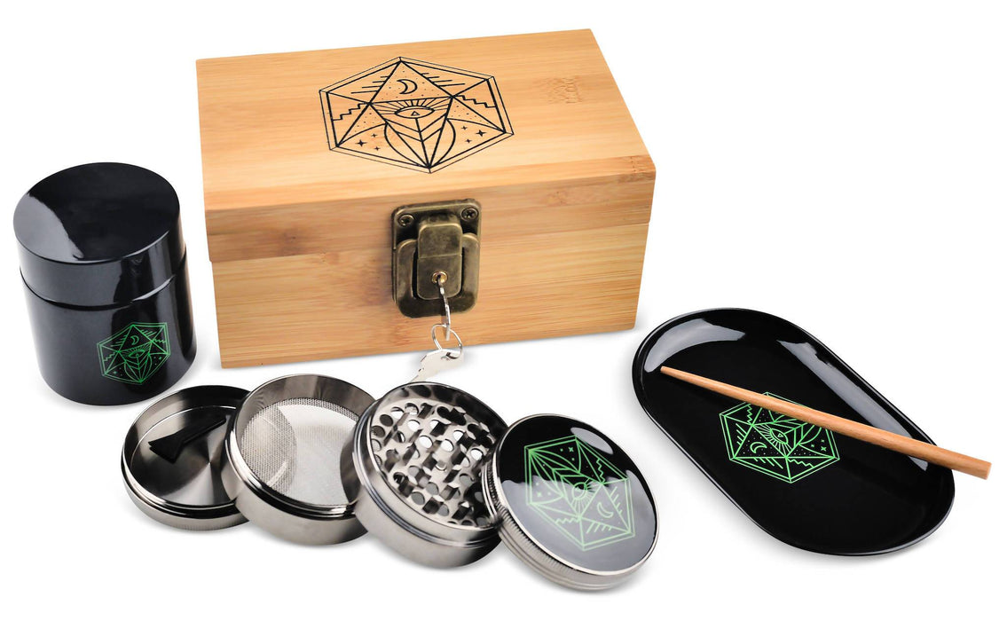 Vintage Stash Box Bundle - Ancient Symbol Design - Grinder - Rolling Tray - Airtight & UV Protecting Glass Jar - Accessory Gift Kit - Secure Storage Box - Lock & Key - Leaf-Way Brand Accessories